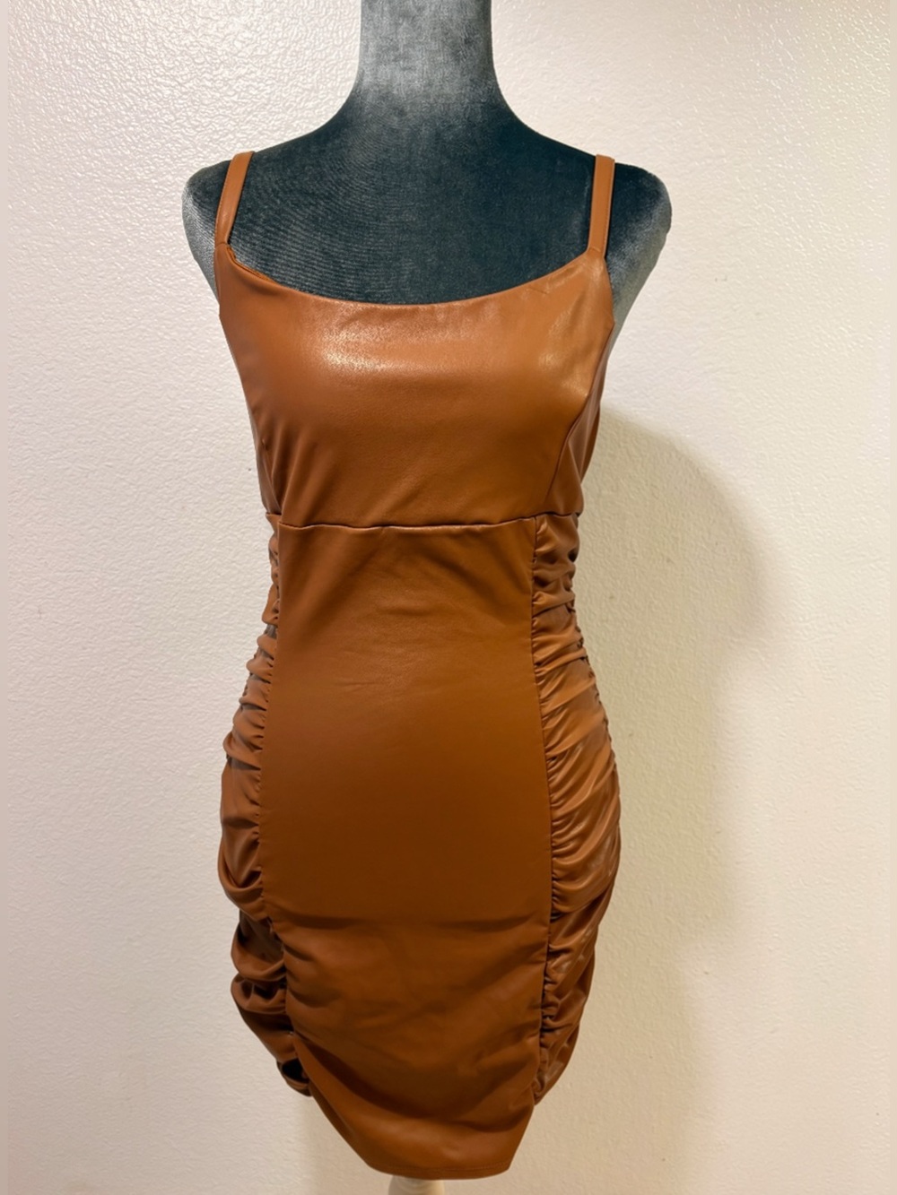 Blashe Camel Vegan Leather Cami Strap Ruched Dress Size L NWOT